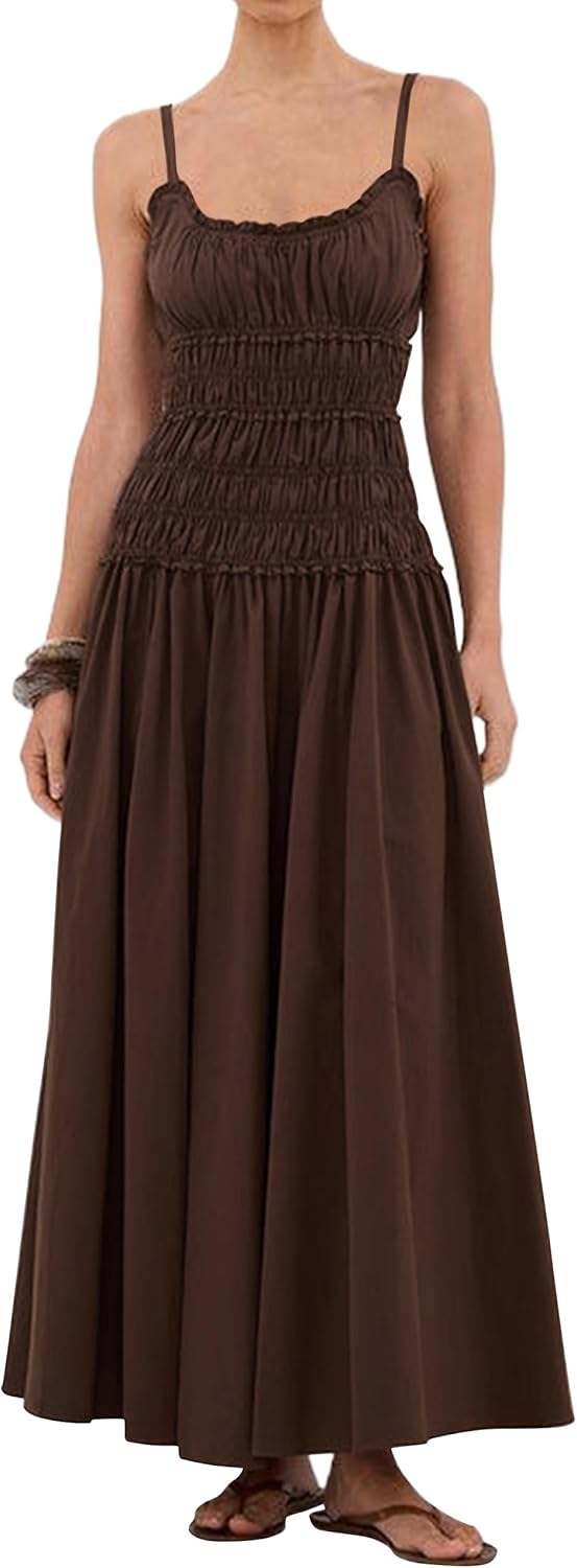 Womens Summer Spaghetti Strap Maxi Dress Scoop Neck Ruched Flowy Long Dresses Casual Sleeveless Cotton Sundress