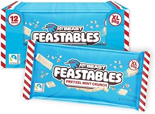 Feastables MrBeast Pretzel Mint Fudge Crunch Bar, Extra Large Size Candy Bar for Adults & Kids, Candy Bars for Snacks, Gifts, or Dessert, Made With Fairtrade Cocoa, 3.35 Oz Each, 12 Count