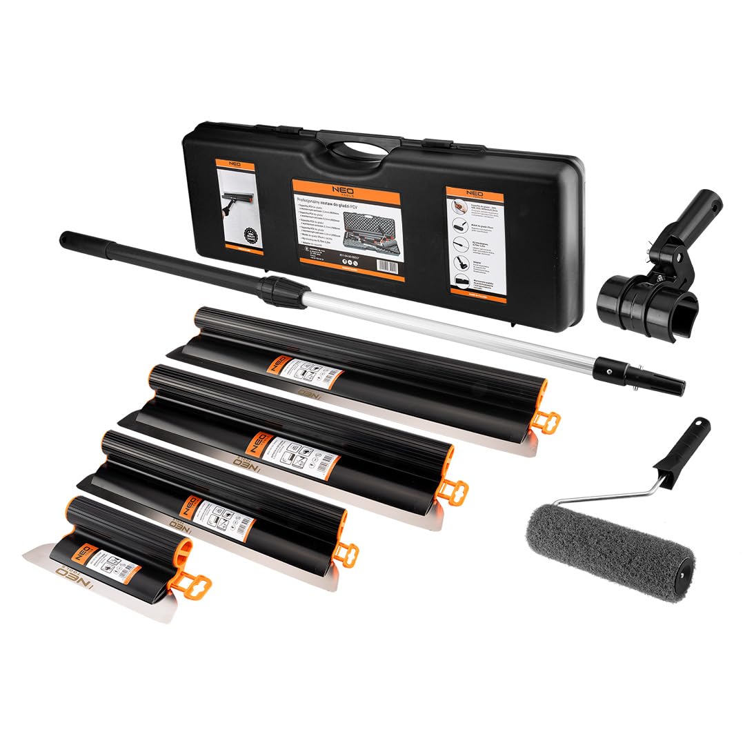 NEO TOOLS Zestaw szpachli do tynku i gipsu, 8-częściowy w walizce – szpachla powierzchniowa 200-800 mm z ostrzami ze stali nierdzewnej 0,3 mm, drążek teleskopowy 0,7-1,2 m, adapter i wałek do
