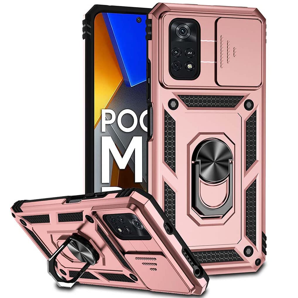 SEEKO Cover Per Xiaomi Poco M4 Pro 4G – Custodia Scorrevole Con Protezione Fotocamera, Antiurto Militare, Anello 360° E Cavalletto, Oro Rosa - 2