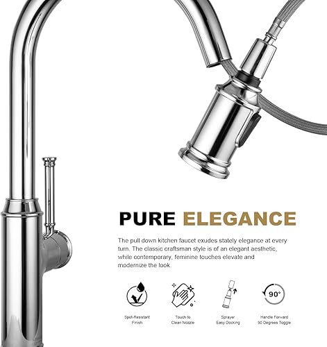 Miniatura 8 de Lava Odoro Grifo de cocina cromado con rociador extraíble, grifo de fregadero de cocina de un solo agujero, grifo de cocina de una sola manija con