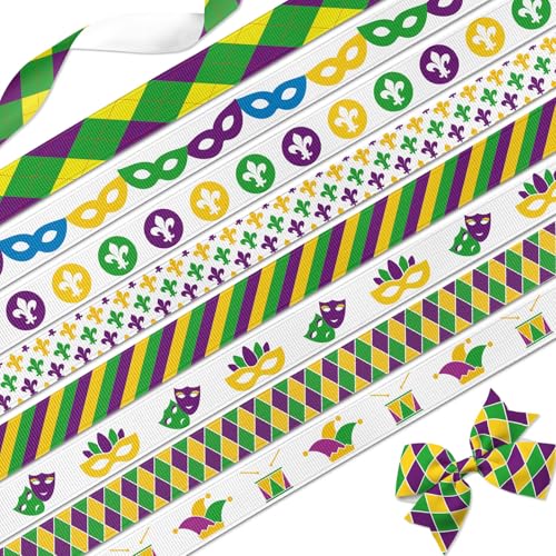 NUVCELKA Mardi Gras Ribbons 8 Rolls 3/8 Wide Grosgrain Craft Ribbon with Fleur de Lis Masks Jester Patterns 24 Yards Purple Green Yellow for Party Decor Gift Wrapping