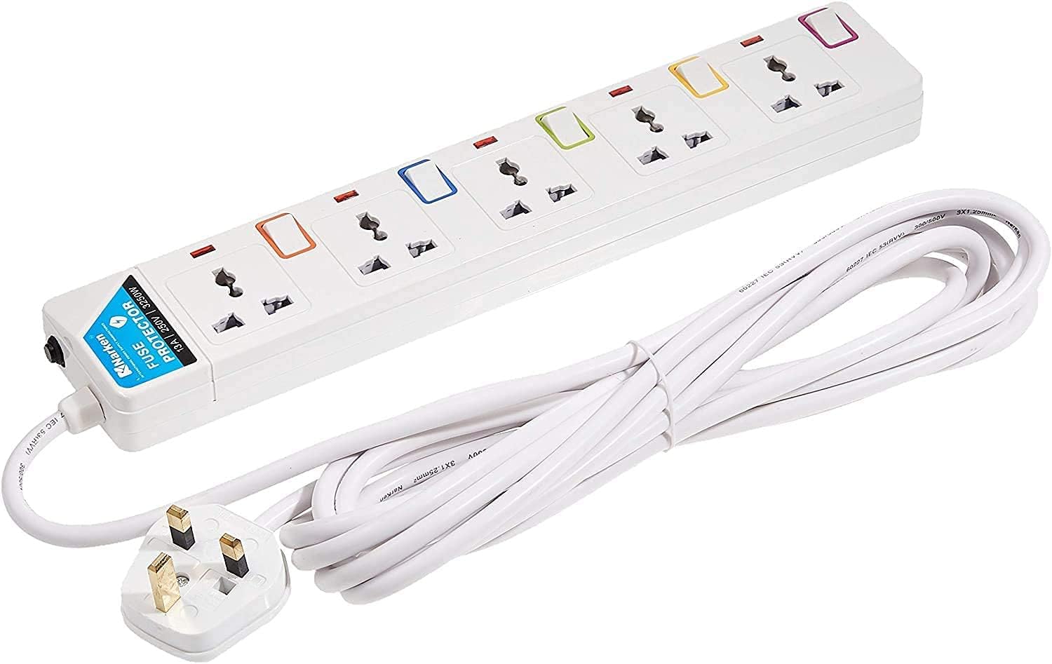Narken E-Series Electric Universal Extension Cord 5 Socket 3 Meter Power Strip wire, 13A Fuse surge With Separate Single Switch and Indicate light, Max 13A, 3250W, AC 250V