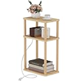 LUCKNOCK Solid Wood Side Table with Charging Station, 3-Tier Small End Table with USB Ports and Outlets, Narrow Couch Side Table, Skinny Nightstand Bedside Table for Small Spaces, Bedroom, Living Room