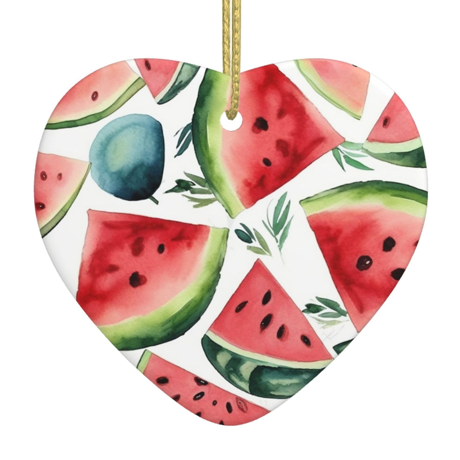 Watercolor Watermelon Pattern Christmas Ornament 2025 Heart Ceramic Hanging Ornaments for Home Decor Christmas Decorations with Gold Rope Double-Sided Xmas Tree Ceramic Hanging for Holiday Party