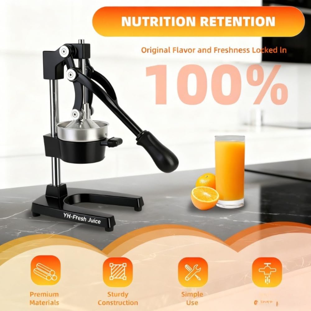 Ultra-Premium Cast Iron Juicer | Extra-Large, Heavy Duty, Commercial Grade, Stainless Steel Manual Hand Press Citrus Squeezer For Fresh Orange Juice, Pomegranate, Lemon, and Much More (Black)