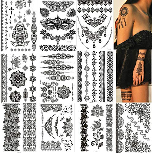 Nail Flower Temporary Tattoo White Lace Body Art Sticker Tattoo More than 100 Graphics (Black)
