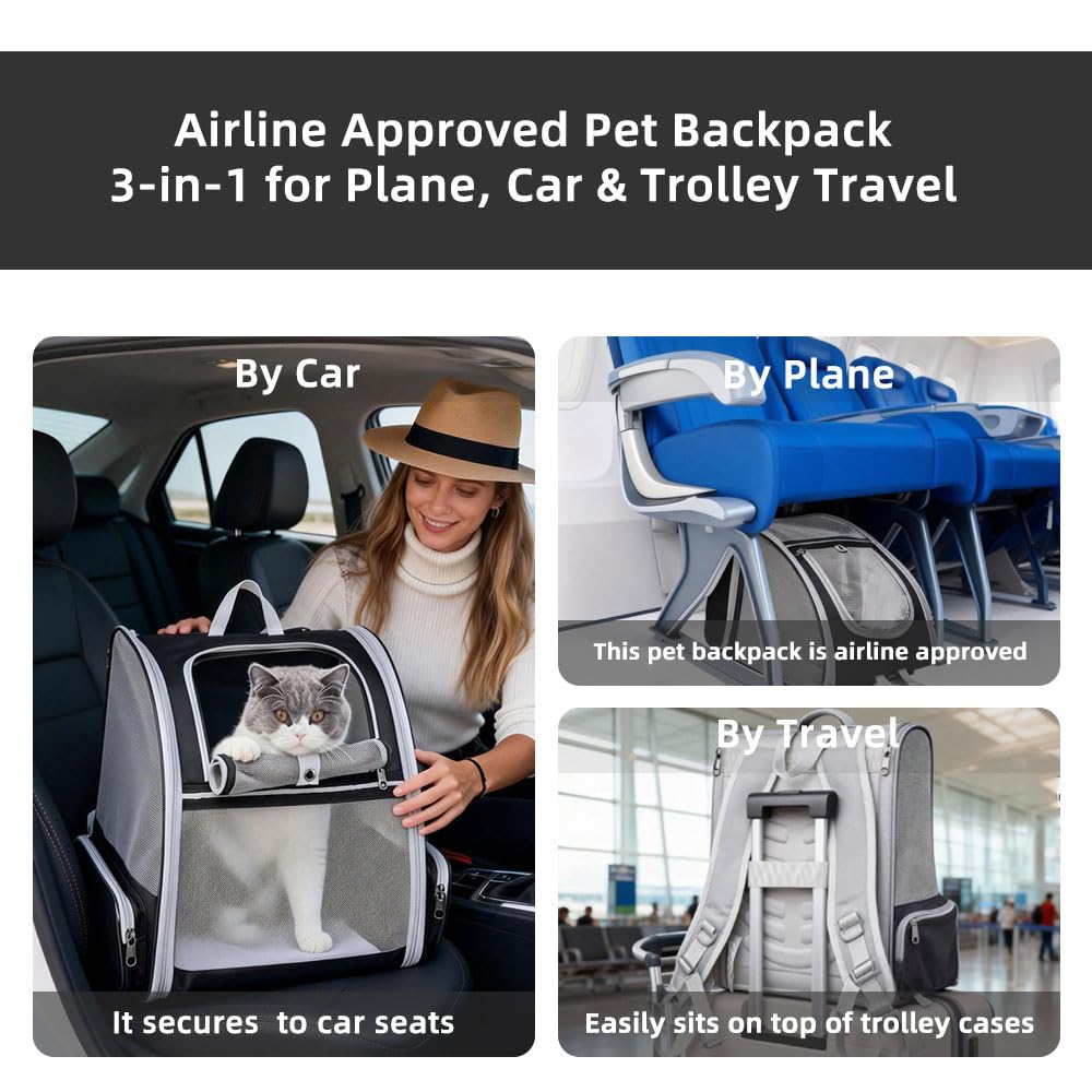 Sac à dos respirant à 360° pour chats et chiens – Pliable, approuvé par les compagnies aériennes avec 1 sac à déjections canines + 5 tapis hygiéniques anti-fuite, idéal pour les animaux de compagnie