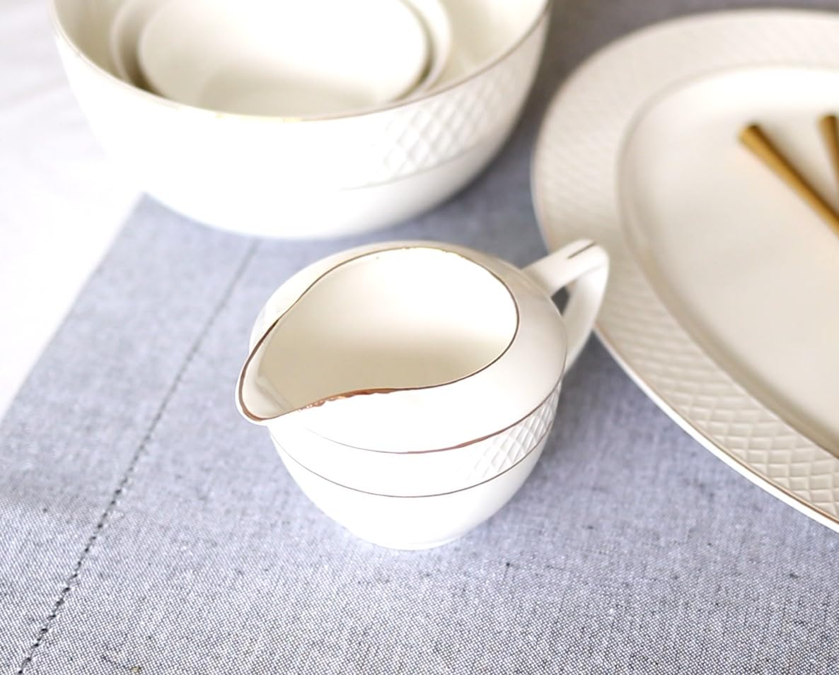 Wilmax – Azucarero + Juego de jarra de leche – 2 piezas – Recipiente para leche y azúcar de porcelana con patrón dorado – Blanco – Dispensador de azúcar con tapa – Servicio de café para leche, café y