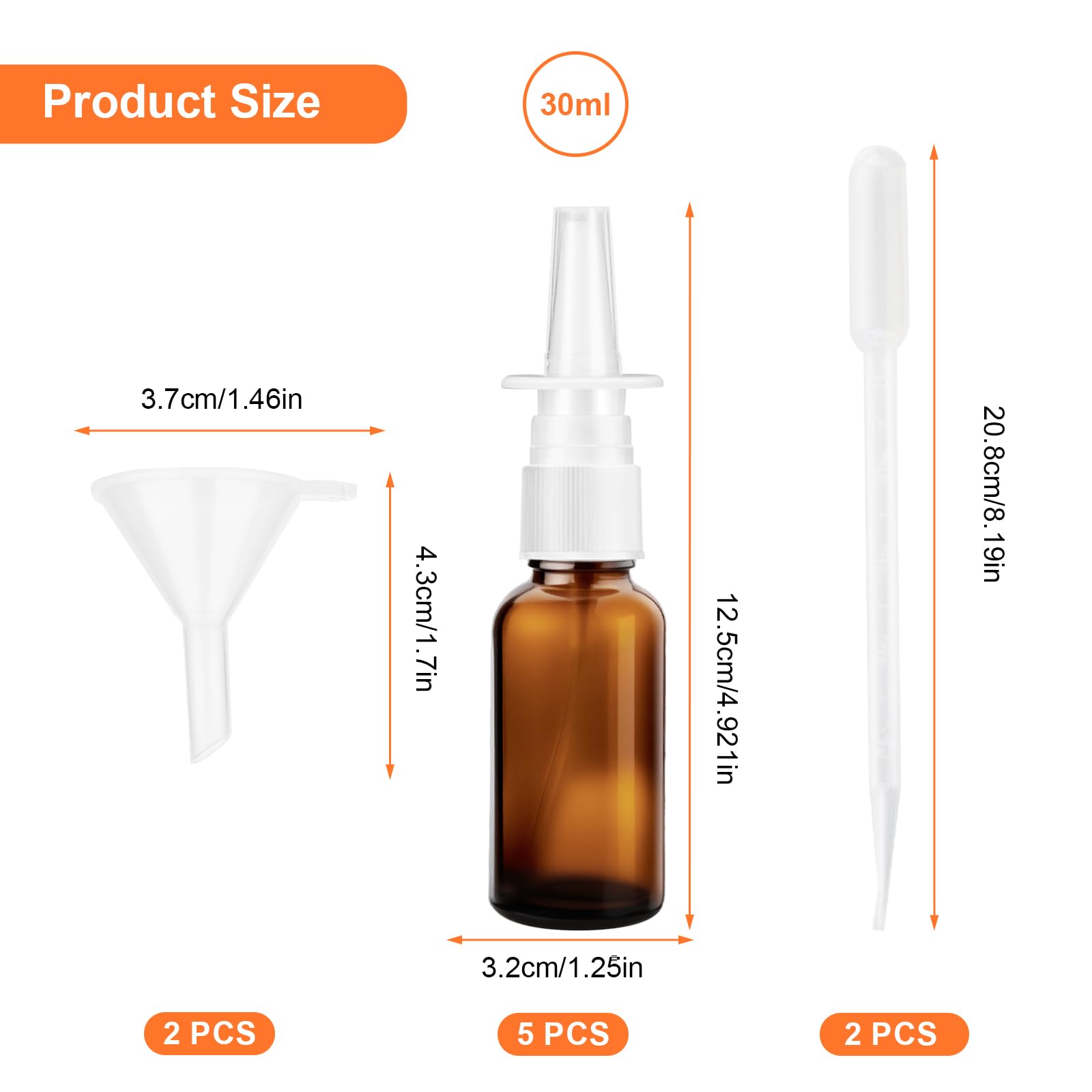 Lot de 5 flacons de spray nasal vide 30 ml en verre vaporisateur nasal à remplir, vaporisateur nasal réutilisable avec pipettes d'entonnoir pour solution saline parfum huile essentielle