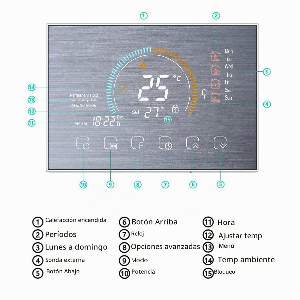 Kavolet Termostato programable Inteligente WiFi para Caldera de Agua/Gas, con índice UV/Pantalla de Humedad/función de Bloqueo, Control de aplicación de Voz