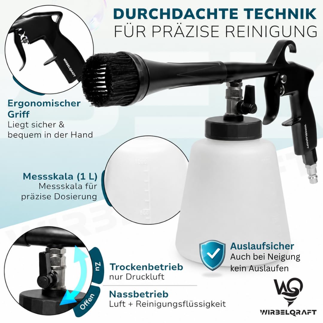 Wirbelqraft® Druckluft Reinigungspistole – robuste Ausblaspistole mit Wirbel-Effekt für wirkungsvolle Auto/KFZ-Innenreinigung – Komplett-Set mit 1L Füllbehälter, Bürstenaufsatz & Luftdruckpistole
