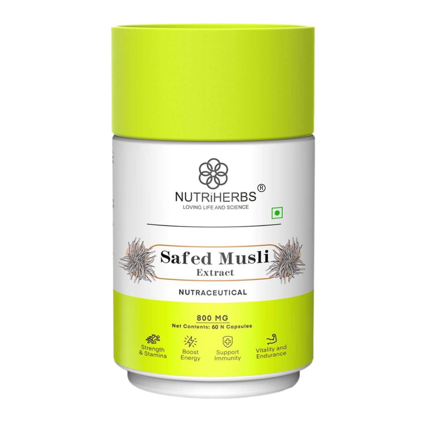 NUTRiHERBS Safed Musli Extract Capsules 800mg – Supplement for Men's Muscle Strength, Stamina, Energy, and Immunity – Safed Musli Root (60 Capsules Pack of 1)
