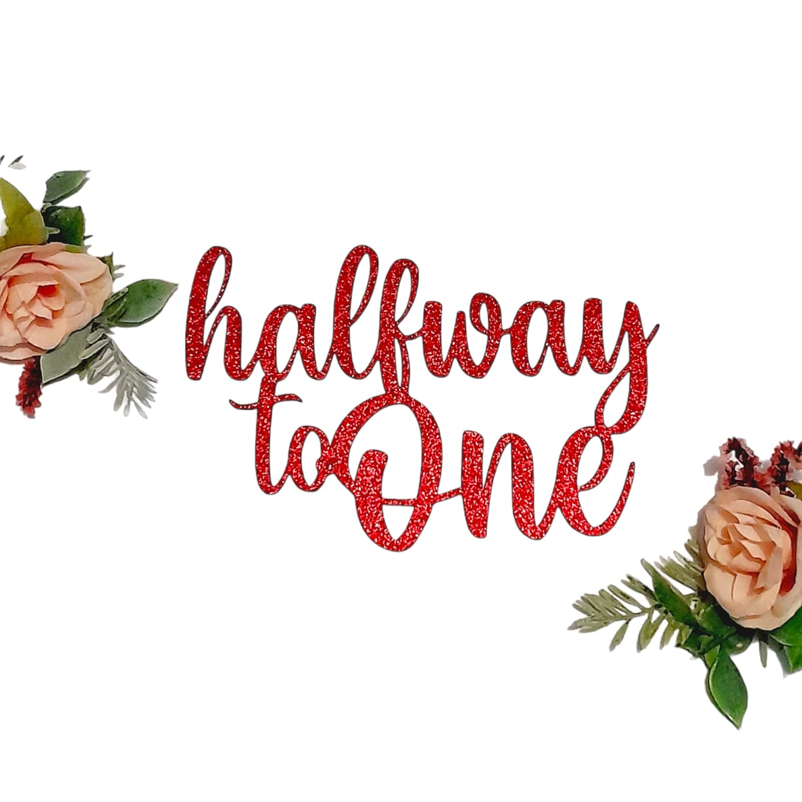 Halfway to One Cake Topper, 6 Months, Half Birthday, Double Sided Glitter Card Toppers (RED)