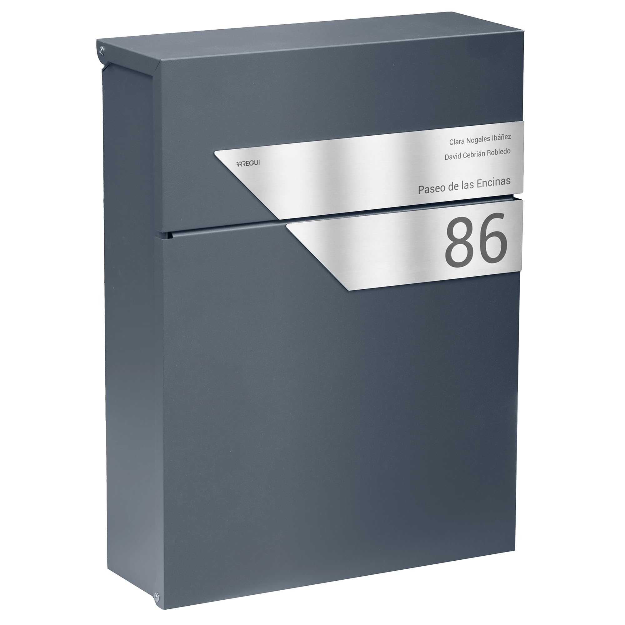 ARREGUI Figure E6705CB Briefkasten aus Stahl | Personalisiert mit Lasergravur | Moderner Wandbriefkasten für DIN A4 Post mit Edelstahl Namensschild für Name und Adresse | Anthrazit