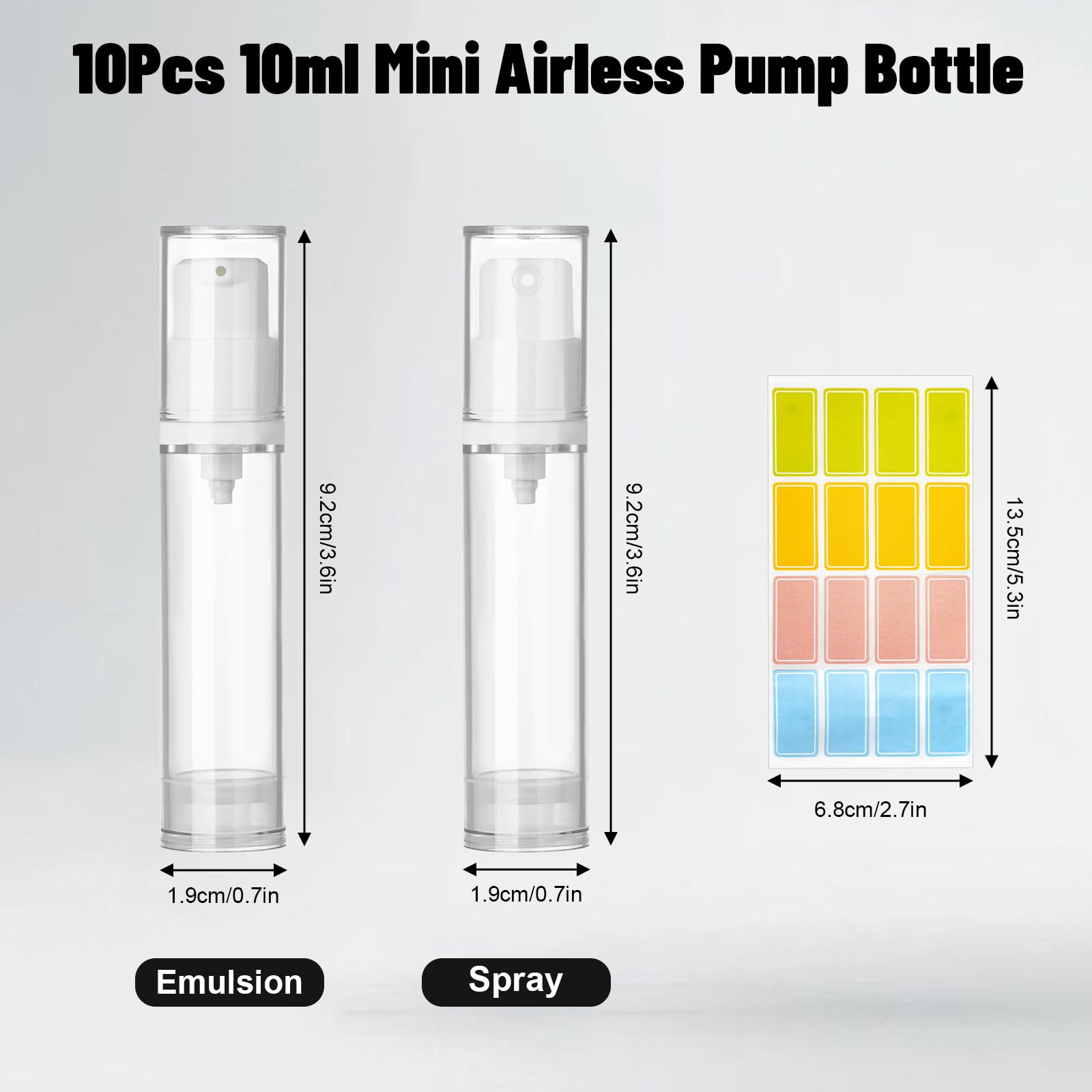Leikedun 10 flaconi vuoti a pompa airless da 10 ml, ricaricabili, trasparenti, da viaggio, contenitori per cosmetici, con adesivi, per fondotinta, essenza, crema, lozioni, articoli da toeletta
