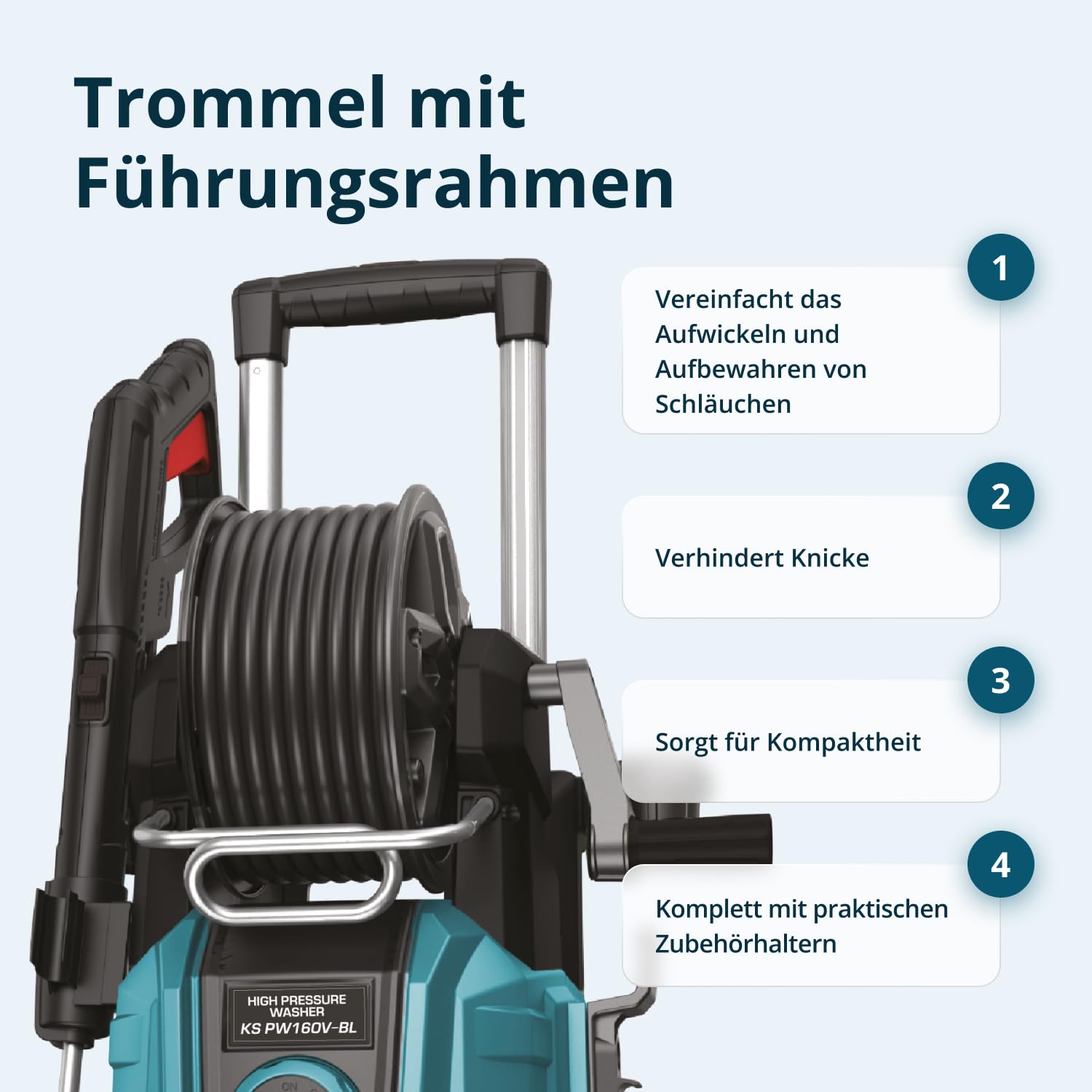 Könner & Söhnen KS PW160V-BL Hochdruckreiniger 2000 W, 160 bar, mit bürstenlosem Induktionsmotor, Teleskopgriff, Metalllanze und 8-m-verstärktem Hochdruckschlauch, mobiler Flächenreiniger 390 l/h