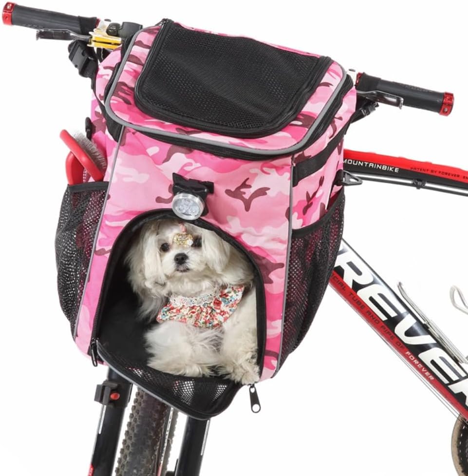 Removable Washable Folding Bicycle Cat Dog Hanging Bag Detachable Dual Purpose Pet Backpack for Riding Out Cycling Outdoor Adventure Travel Carrier (Pink Camouflage)