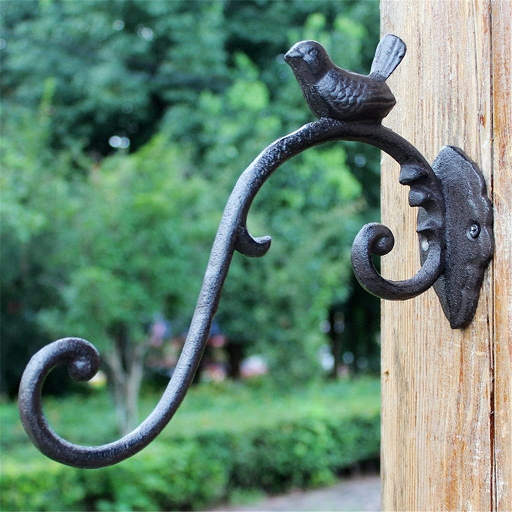 Vintage Black Cast Iron Wall Mounted Hooks with Bird Figurines Decor on for Hanging Flower Pot or Candle Lantern Outdoor
