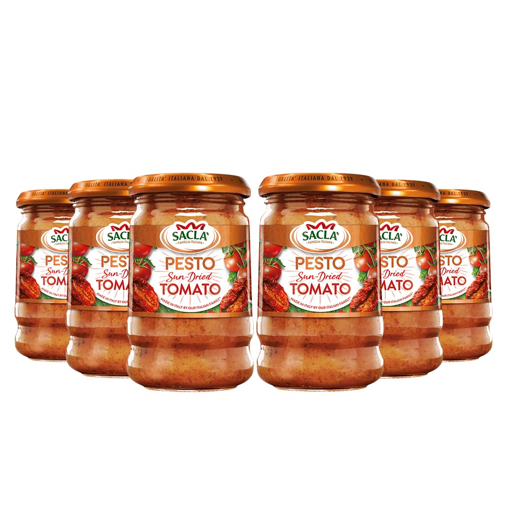 Sacla Pesto Italian Sun Dried Tomato - Perfect with Pasta, Roasted Veg, Pomodoro and Soups - Made with Basil Leaves, Sundried Tomatoes, Cheese and Nuts - 190g (Pack of 6)