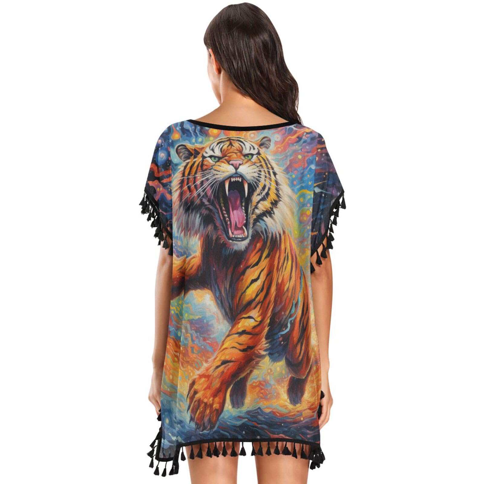 Artwork Cartoon Tiger Colorful Women's Beach Cover Up Chiffon Tassel Swimwear Swimsuit Coverups for Girl