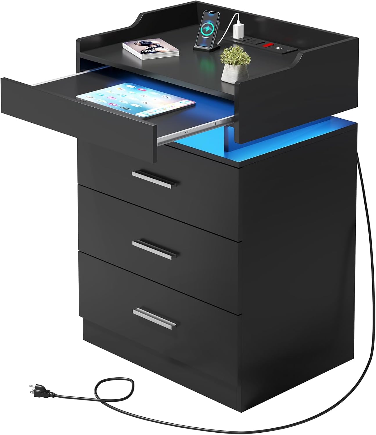 Black Nightstand Set of 2,LED Night Stand with Charging Station & Pull-Out Tray,Bedside Table with Drawers,Modern End Table Side Table Storage Cabniet