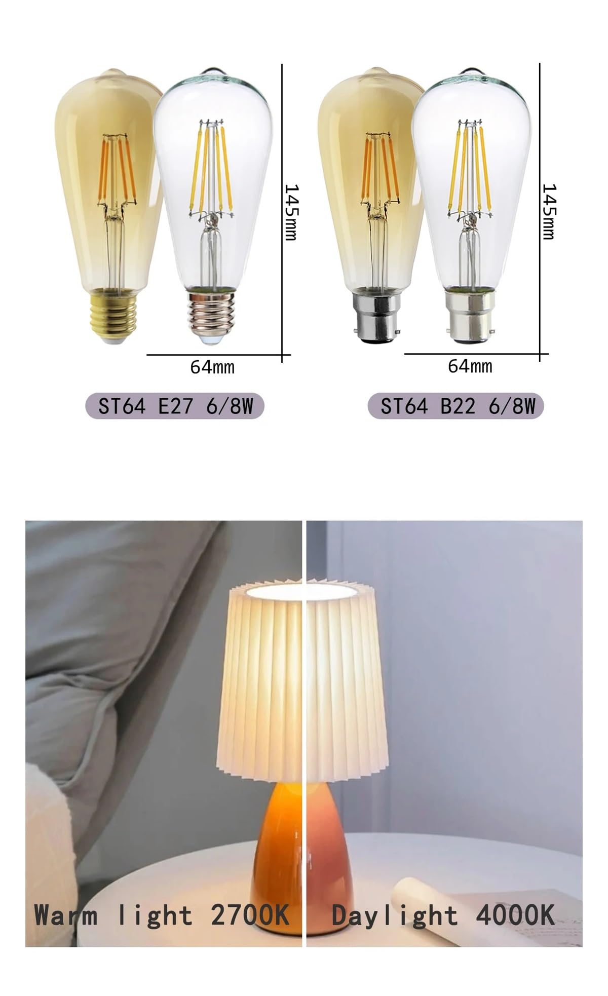 10 Bombillas LED Retro E27 E14 B22 de 220 V, filamento LED for el hogar, G45, A60, ST64, G80, G95, 2700 K, 4000 K.(A60 E27 4000K)