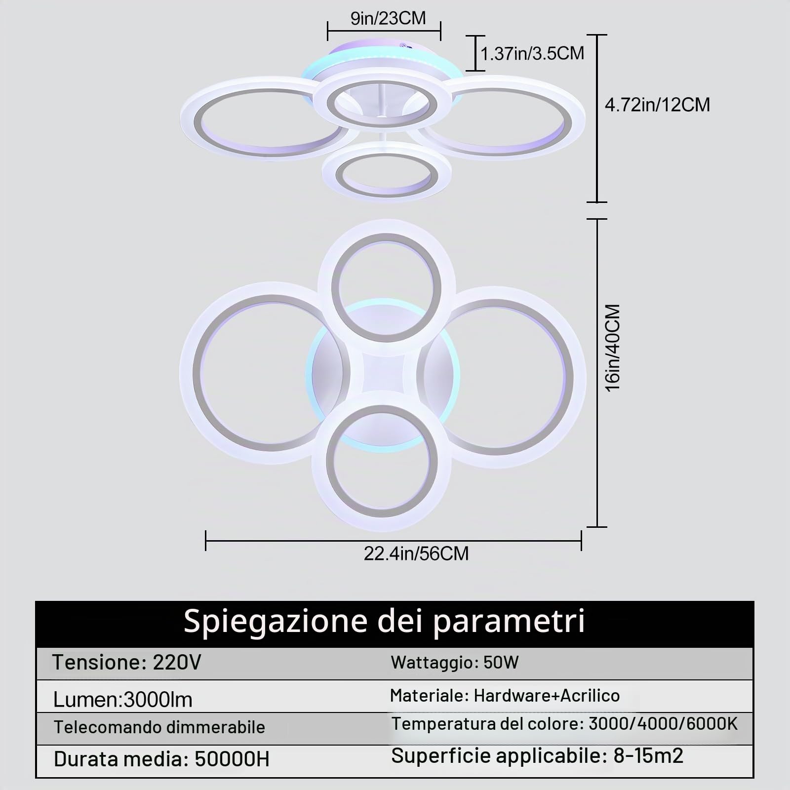 Plafoniera LED Soffitto 50W, 4 Anelli Dimmerabile con Telecomando | 3000-6000K, luce ambiente rosa/viola/blu, 3000LM, memoria, 10-100%, per soggiorno, camera da letto, cucina e sala da pranzo