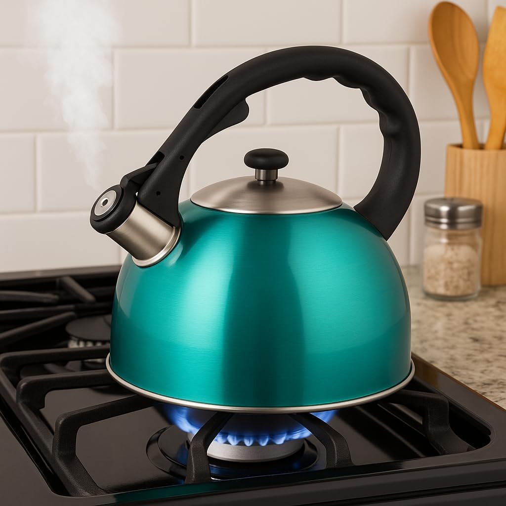 Creative Home 2.8 Quart Stovetop Whistling Tea Kettle, Premium Stainless Steel tea pot, Fast Boiling Water, Ergonomic Handle With Button-Control Spout, Even Heat Distribution, Aqua
