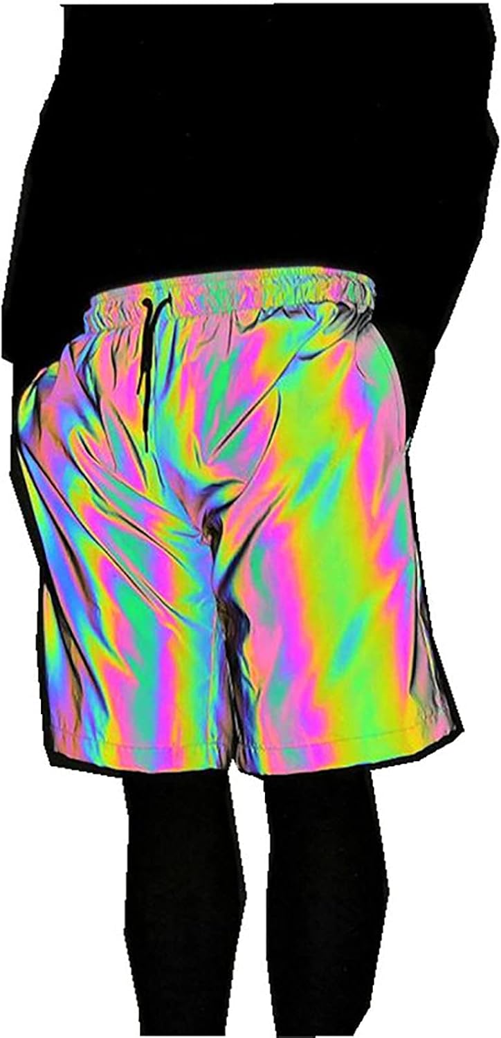 Rainbow Reflective Shorts Men Hip Hop Pants Fluorescent Trousers Casual Night Jogger for Club Bar Party