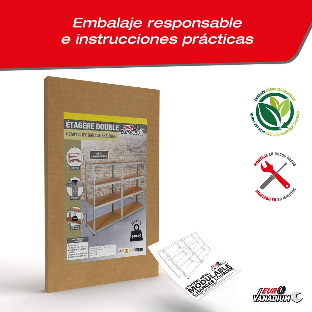 Doble Estantería de almacenamiento Cargas Pesadas - 160 x 160 cm - 640 kg - Estantería de garaje modulable, 4 Niveles, 8 Estantes