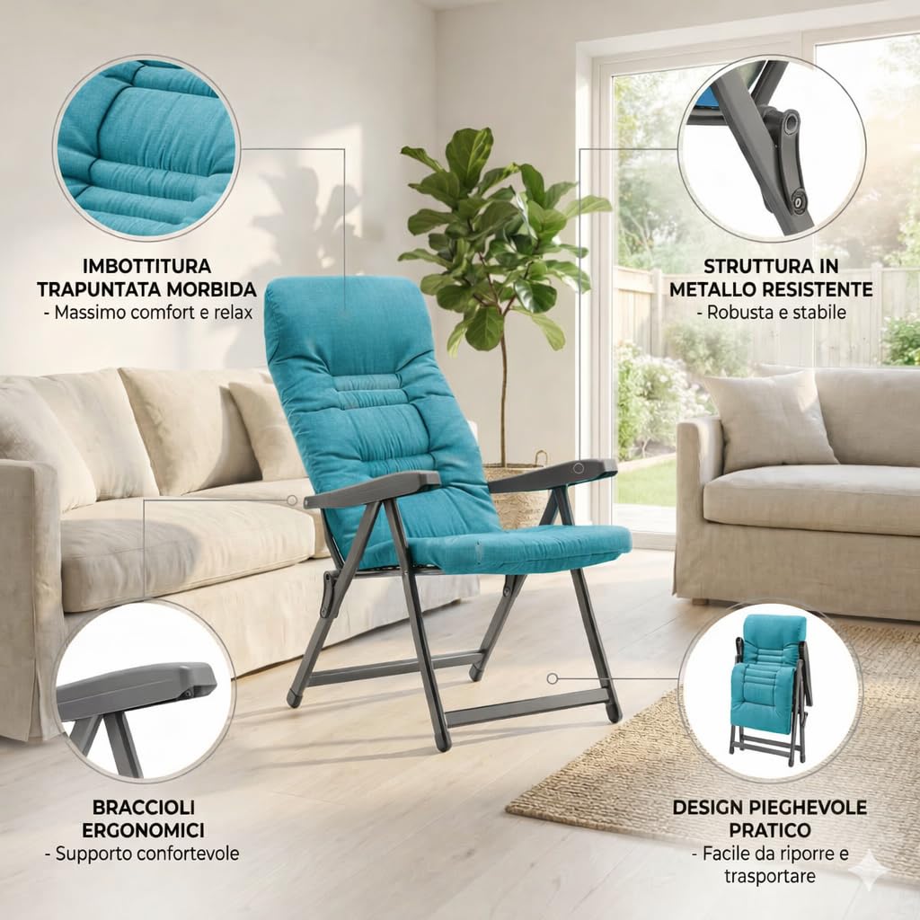 MA MAISON Sedia Reclinabile Imbottita 122X60X61 cm - 5 Posizioni, Braccioli Ergonomici, Struttura in Acciaio, per Interno, Esterno, Regolabile, Richiudibile, in Tessuto - Made in Italy PETROLIO