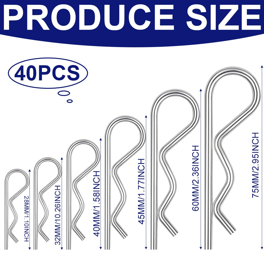 EIHI Coppiglie a Scatto 40 Pezzi Copiglie Clips, Coppiglie Mollette a R, Coppiglie di Sicurezza R Clips, Capelli Pin Hitch Assortimento Kit per Trattori Auto Camion Trattore
