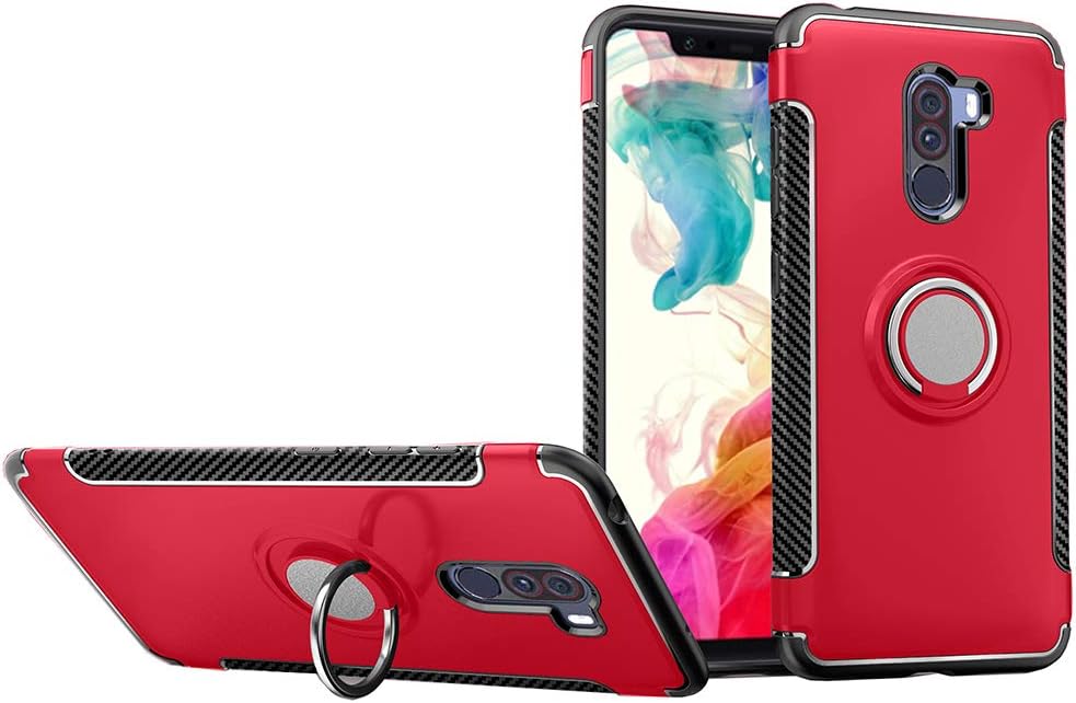 Xiaomi Pocophone F1 Case, QLOA 2 in 1 TPU+PC Double Protection Case Shockproof Cover with 360 Degree Rotating Ring for Xiaomi Pocophone F1 (2018 Release)-Red