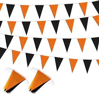 Tatuo 328 Feet Halloween Pennant Banner Flags 10 Pcs Halloween Triangle Flags String DIY Bunting Fabric Bunting Garland for Indoor Outdoor Halloween Party Hanging Decoration (Orange and Black)