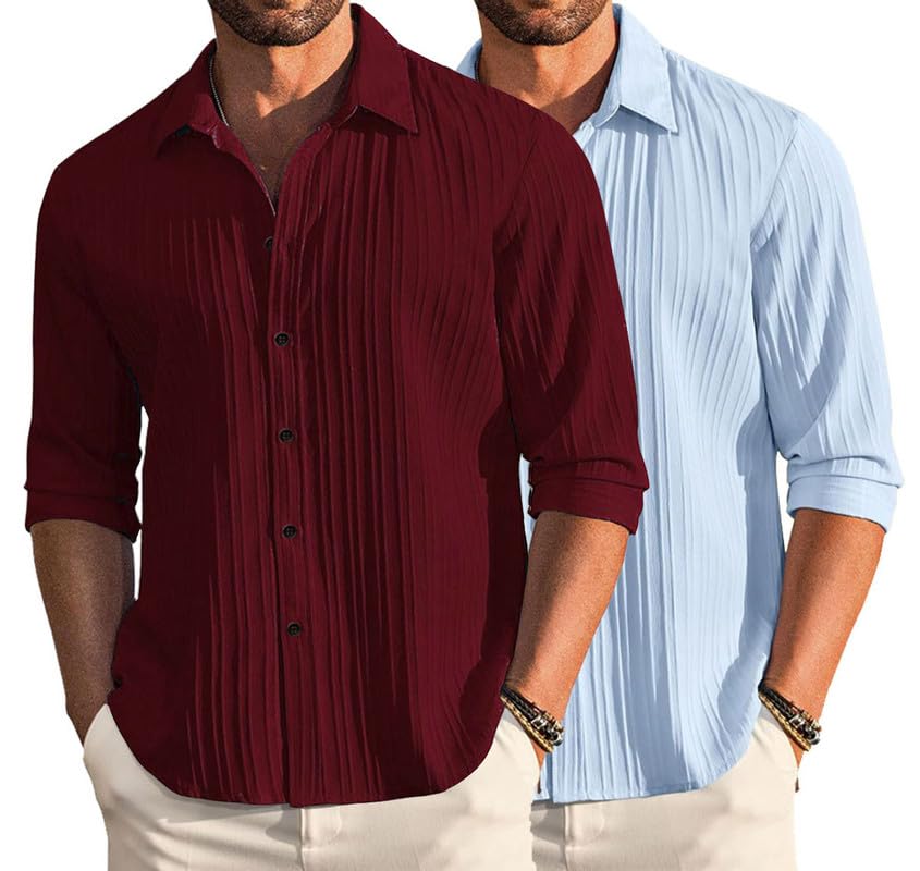 Image of DEELMO Combo of Men's Casual Button Down Shirts Long Sleeve Linen Shirt Fashion Textured Summer Shirts Pack of 2