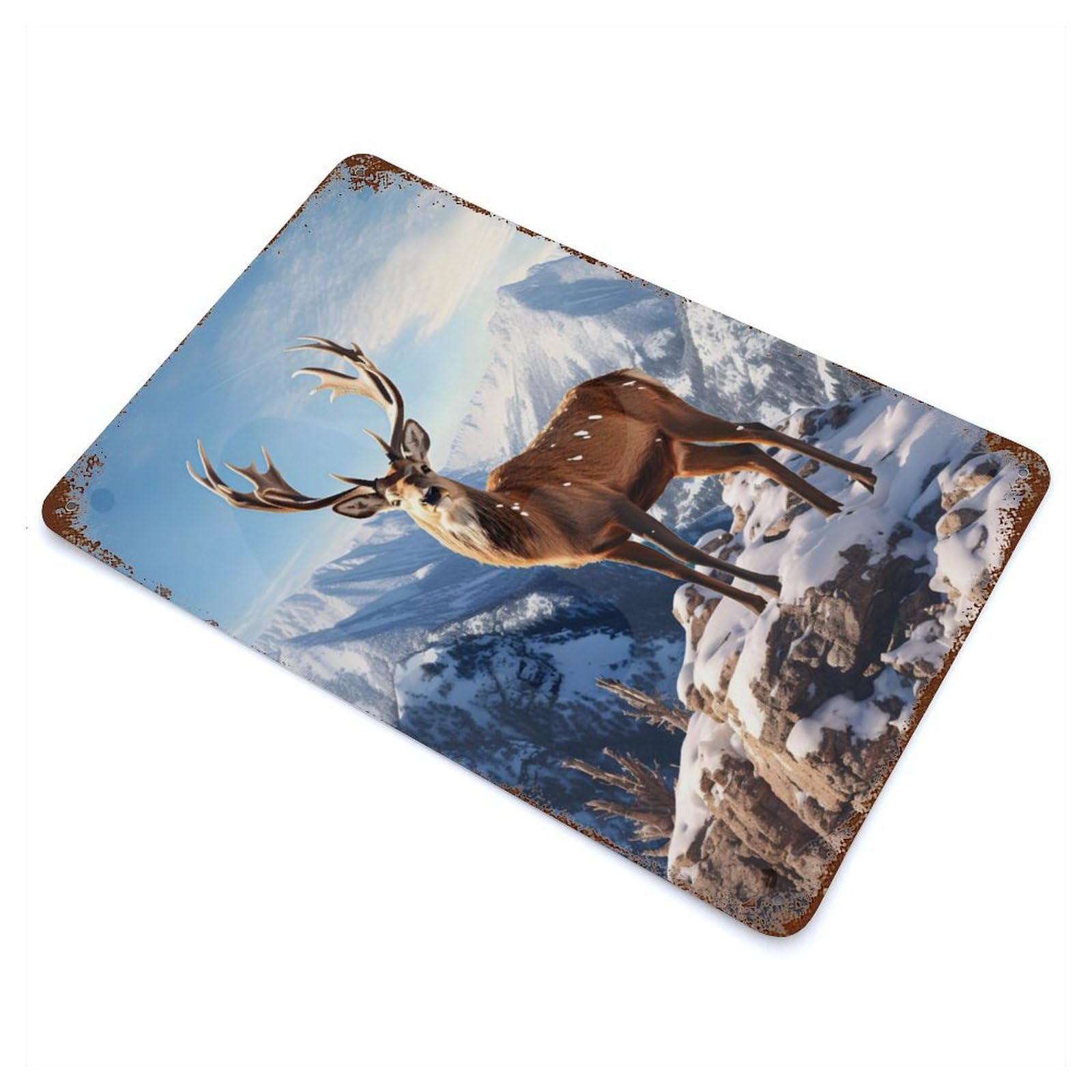 Deer Sunset Mountains Aged Metal Wall Plaque 11.8"x7.9", Farmhouse Wall Decor for Office, Studio And Wall Decor