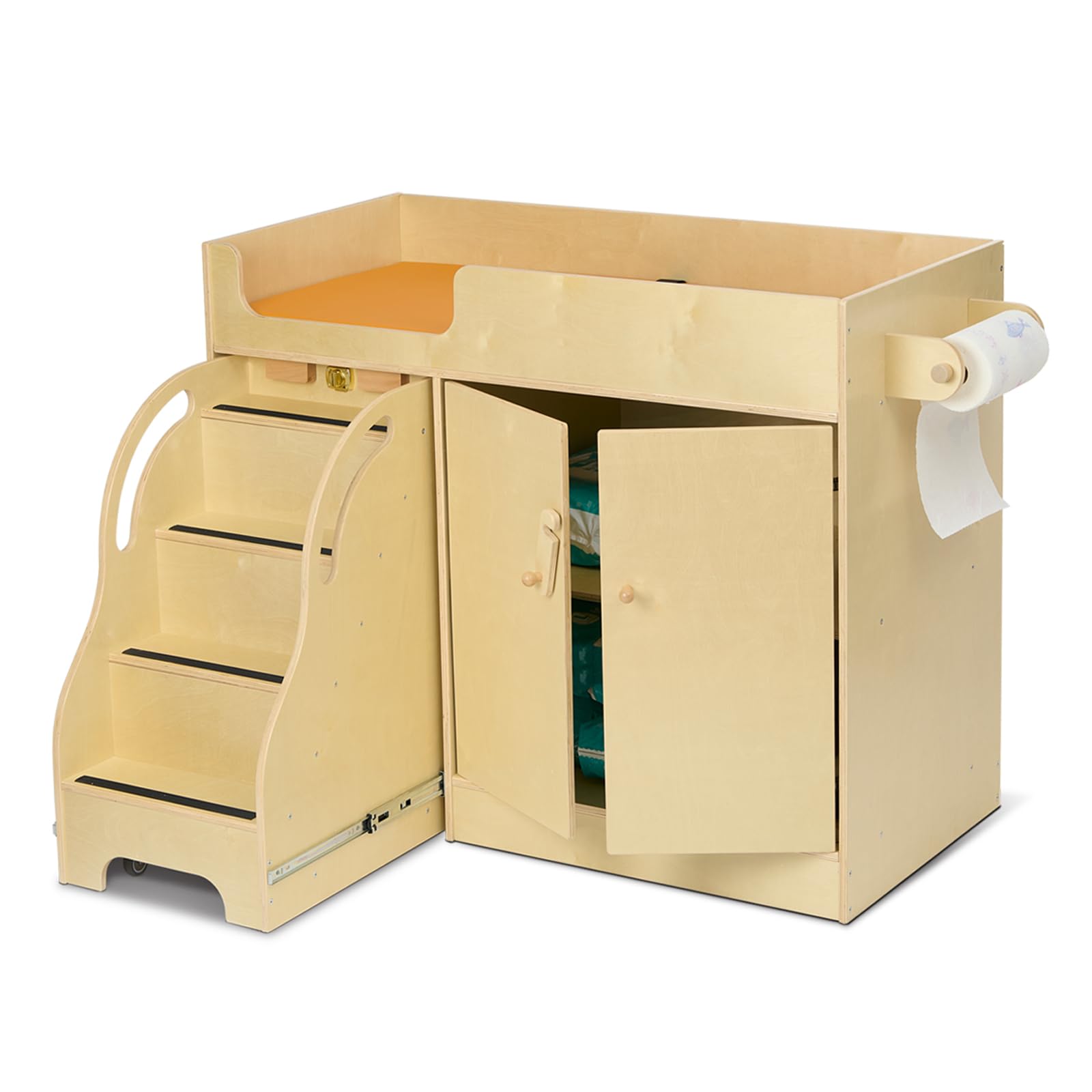Monläurd® 100% Birch Baby Changing Table with Stairs & Storage, Montessori Toddler Diaper Changing Station, Safe Nursery Furniture for Daycare & Home