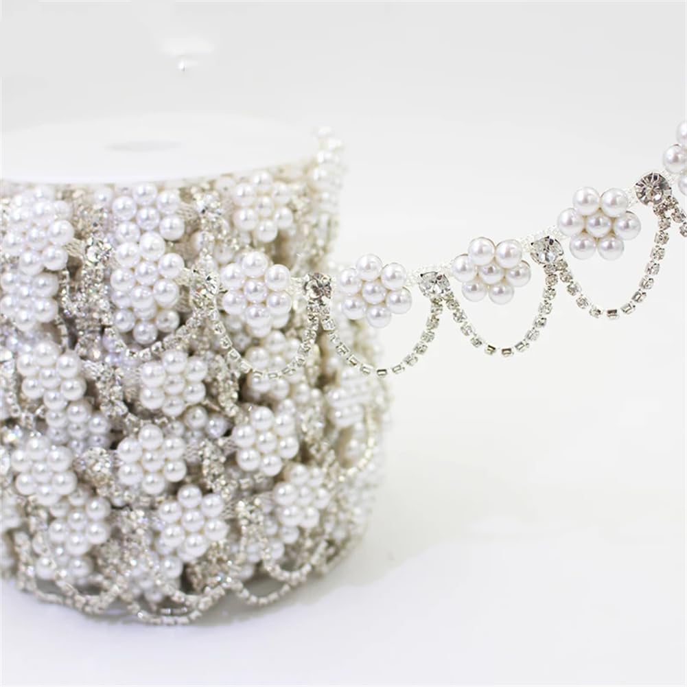 Generic 1/5Yards Pearl Flower Crystal Metal Chain Sewing Decoration Tassel Rhinestone Trim for Clothing Silver 5 Yards
