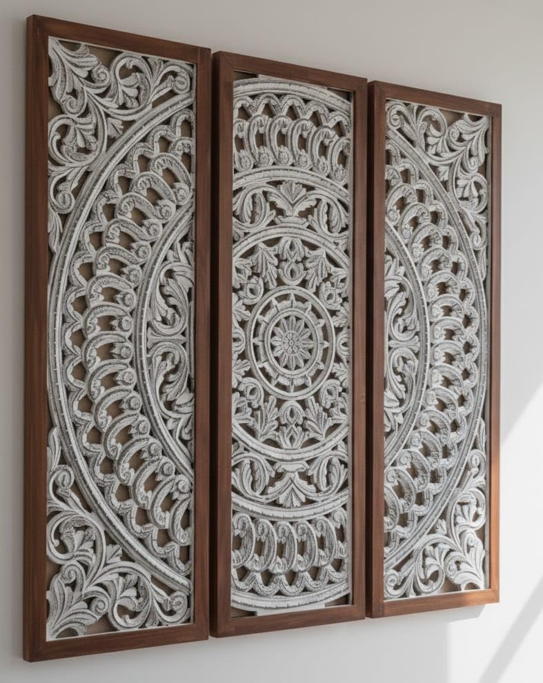 Image of Wall panel Floral MDF Wall Decoration Panel, Hanging Wood Carving Wall Decoration Panel for Living Room, Bedroom, Hallway, Office Wooden Wall Hanging Plaque, Wood Carving (Rectangular Gray)