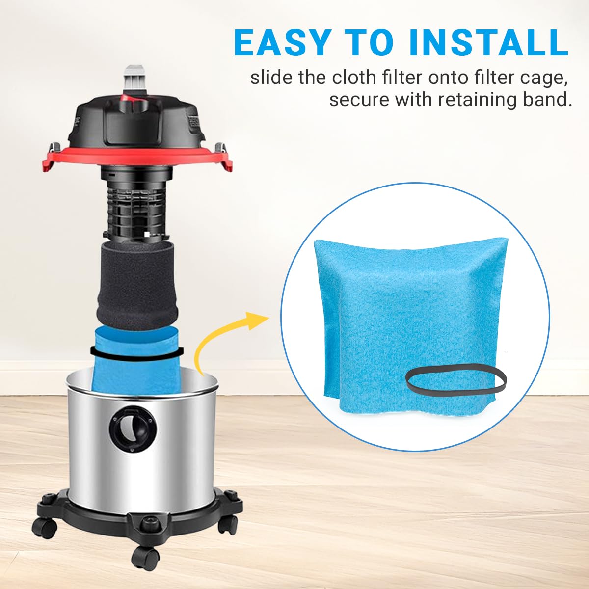 8 Pack 25-1217 Reusable Dry Filter Replacement for Stanley 1-6 Gallon Wet Dry Vacuum with 3 Retaining Bands — view 6