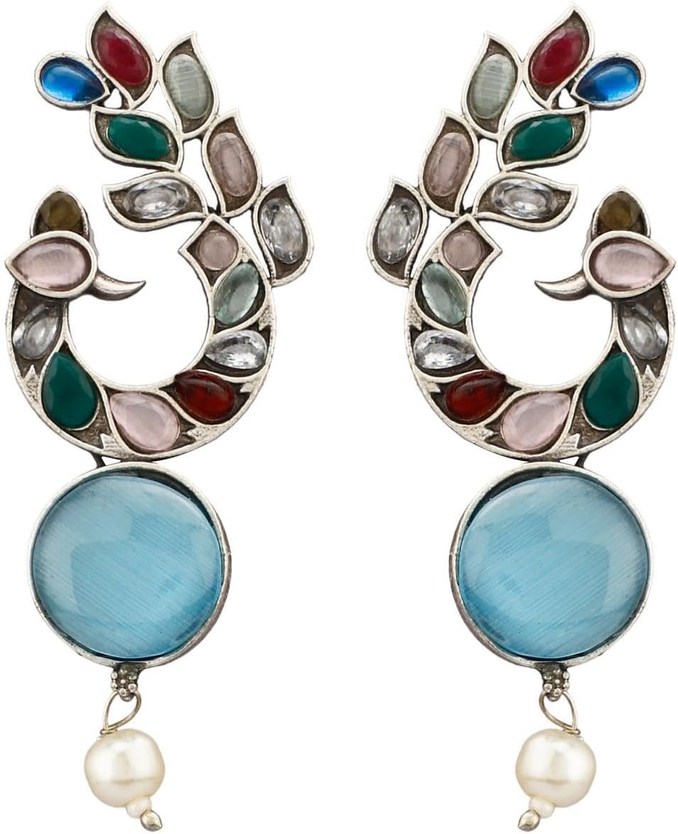 Efulgenz Boho Bohemian Antique Oxidized Indian Earrings for Women Faux Pearl Crystal Peacock Dangle Earring Set Indian Oxidized Jewelry Statement Earrings Jewelry for Women