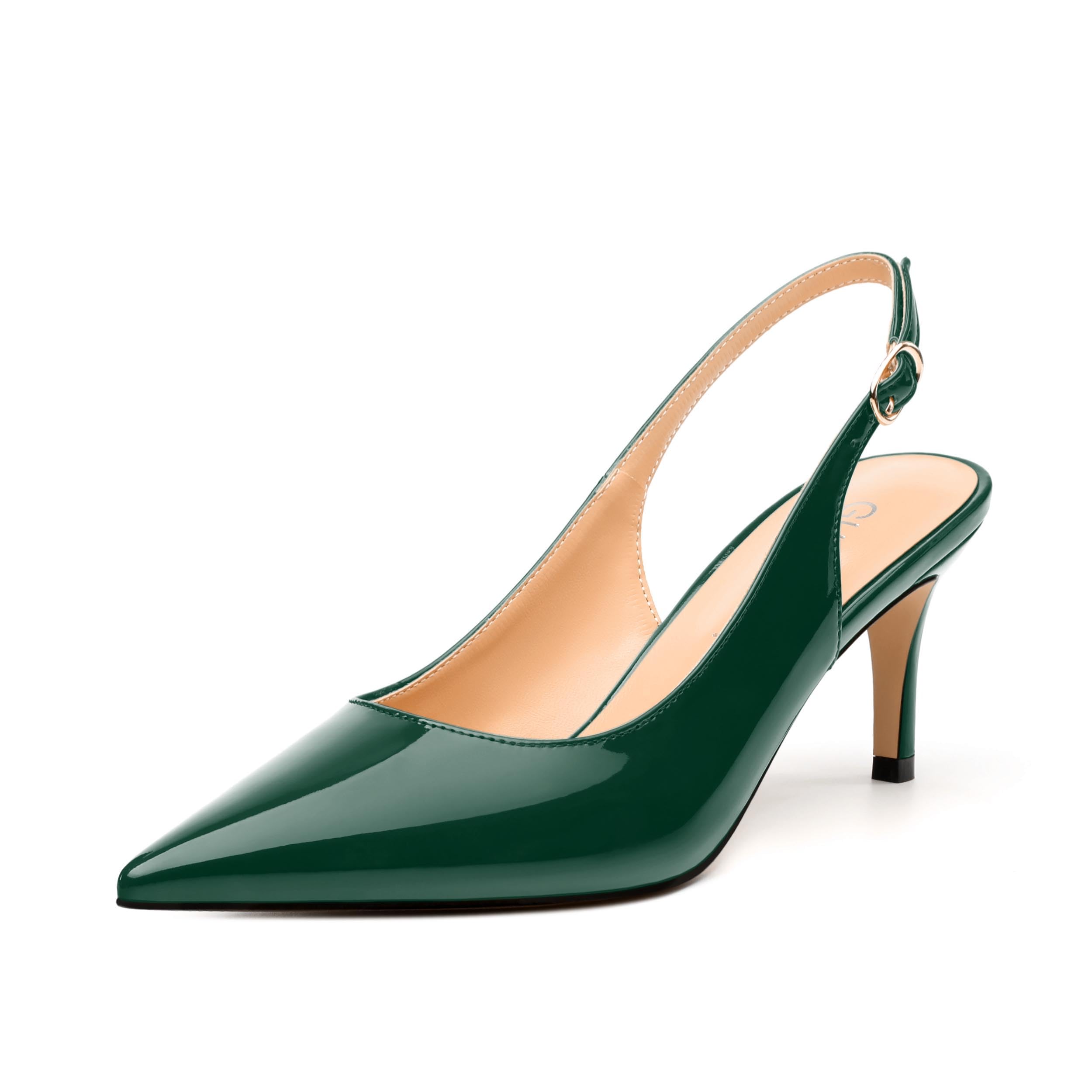 GUAVAIVY Women's Slingback Pumps, Pointed Toe Buckle Mid Stiletto Heel, Fashion Solid Patent High Heel Shoes for Women