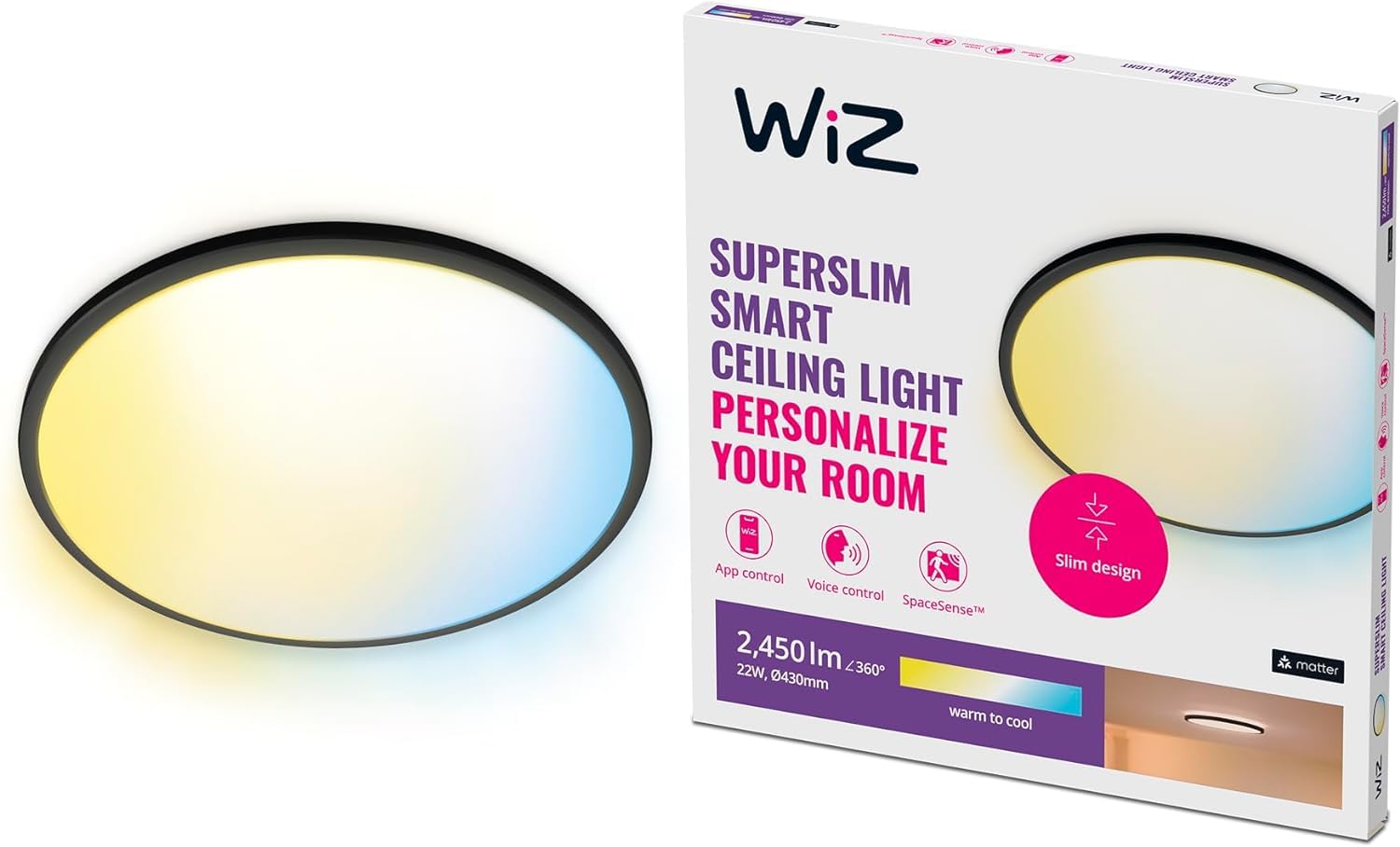 WiZ Plafoniera SuperSlim Smart WiFi, Luce Bianca da Calda a Fredda, WiFi, 22W, Bianca, Tecnologia SpaceSense, Controllo Vocale (Alexa, Apple HomeKit, Google Home)