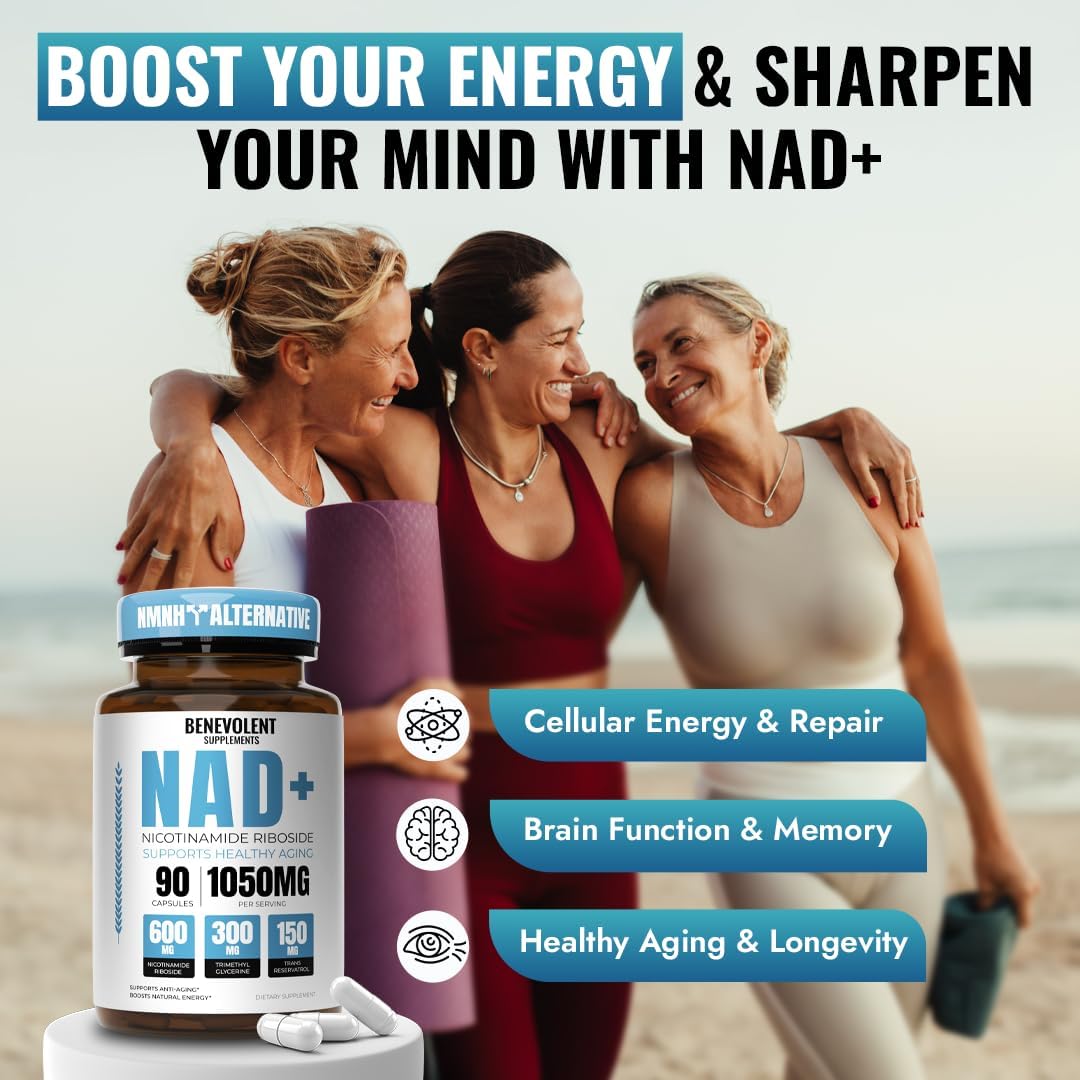 Benevolent NAD+ Supplement 1050mg, Max Absorption 3in1 NAD Supplements for Women & Men with Nicotinamide Riboside, Trans-Resveratrol & TMG, NAD Plus for Cellular Energy, Brain Support & Aging, 90 Caps