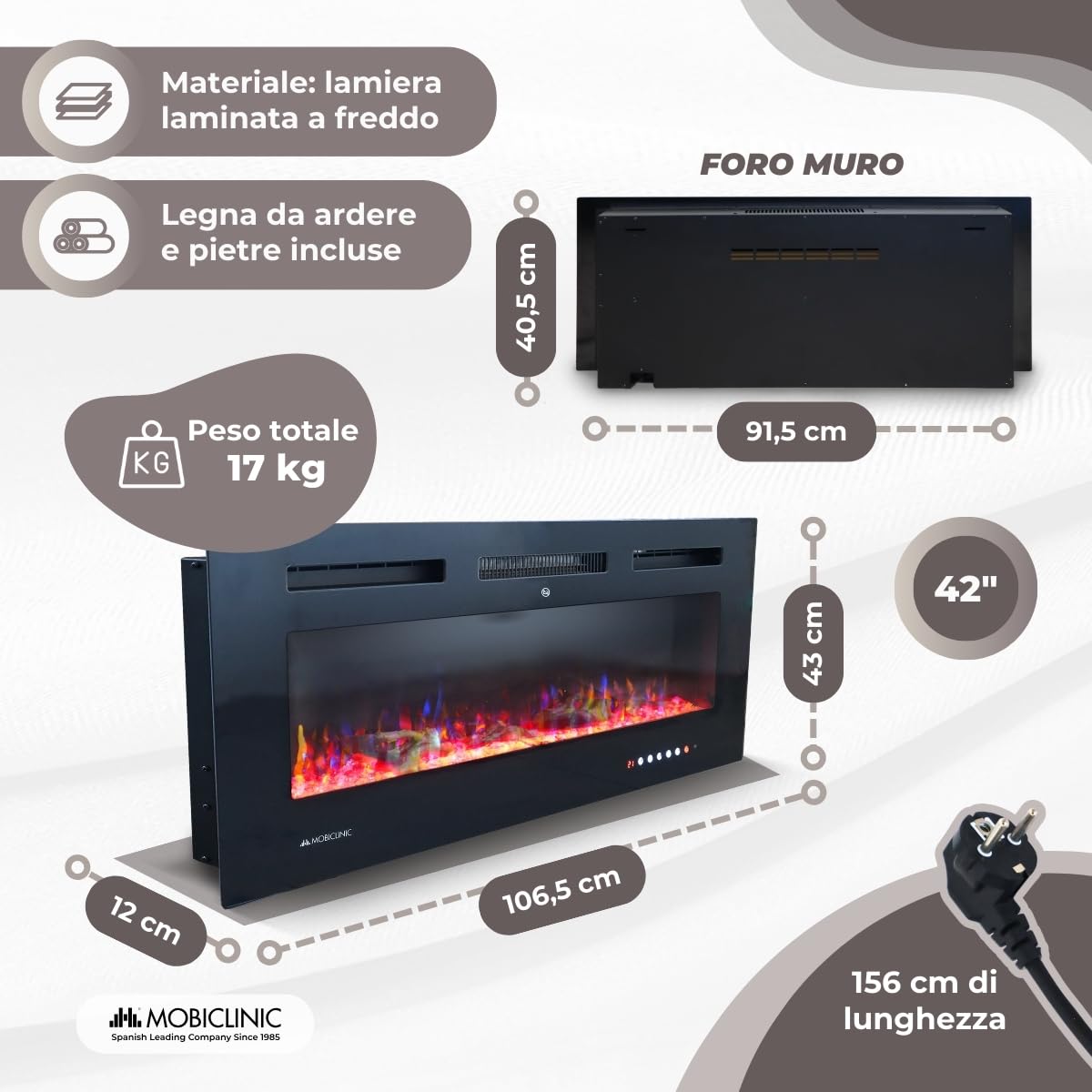 Mobiclinic®, Camino elettrico da parete, 900/1800w, Telecomando e funzione wifi app, Protezione contro il surriscaldamento, 15 colori variabili, Timer, Fury, Per ambienti a partire 25 m2