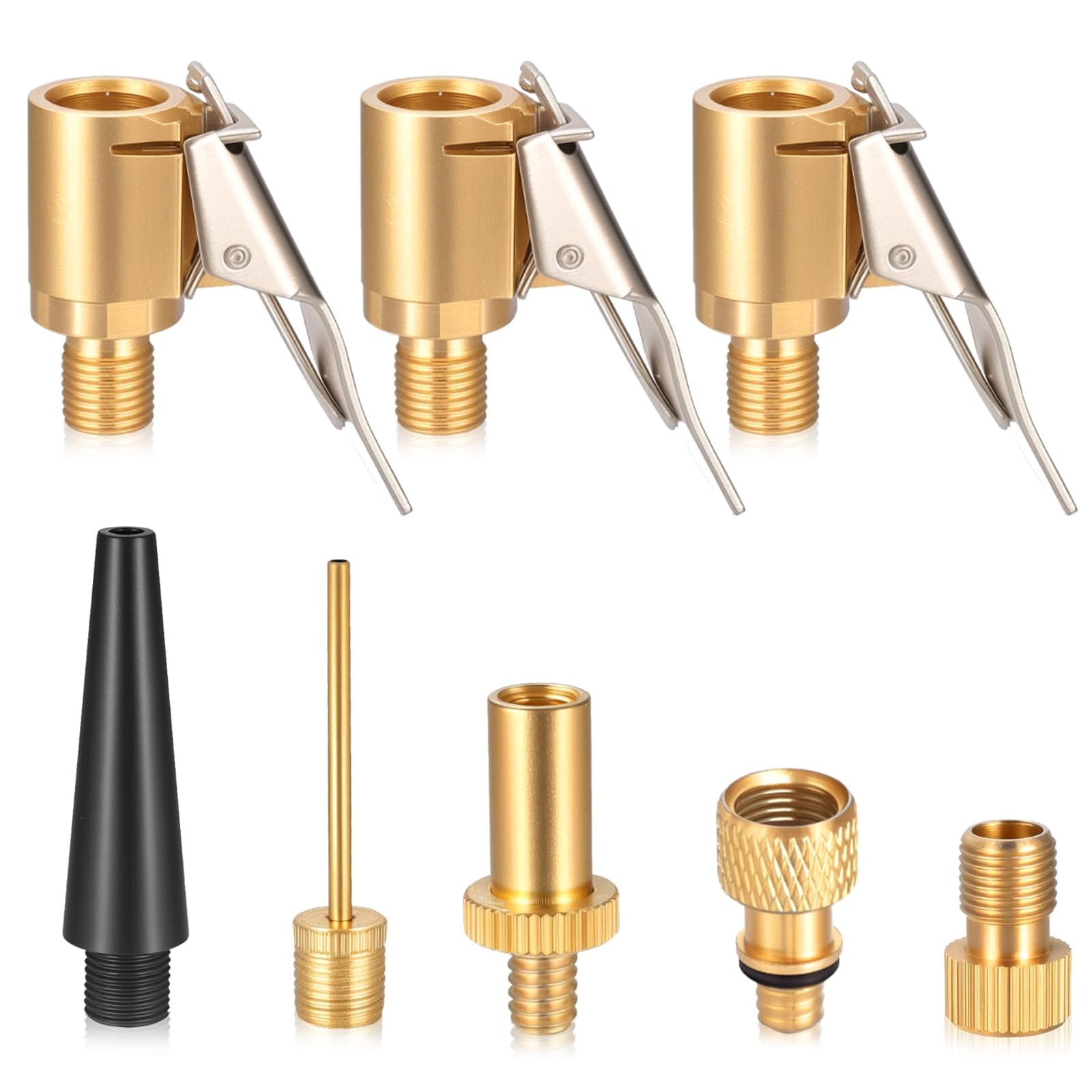 Alriedy 3Pcs Tyre Inflator Adaptor Set, Brass Tyre Air Chuck Valve Adapter Kit with Installation Tool, 5pcs Brass Snap-in Tire Valve Stems, Inflator Nozzle for Car Truck Bike Pump Sports Balls