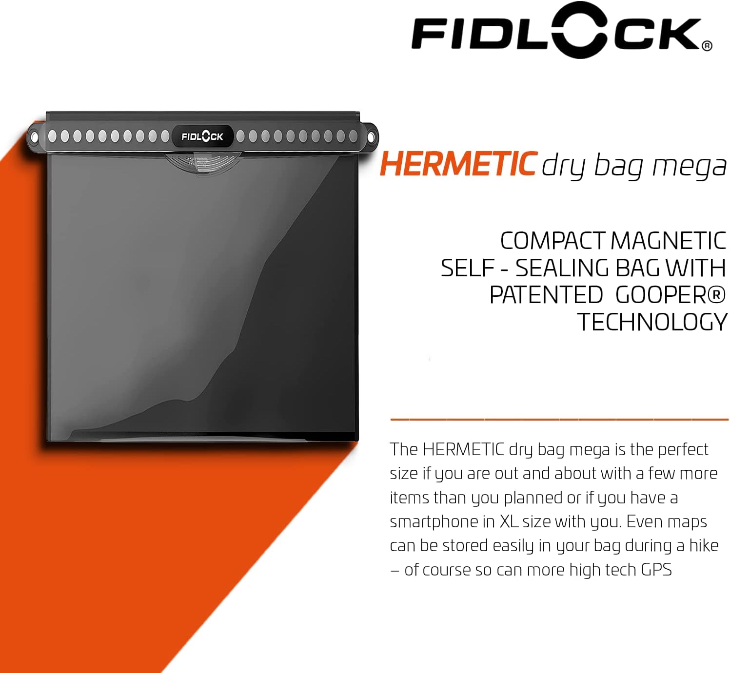FIDLOCK Hermetic Dry Bag Flexible Magnetic Self-Sealing Bag for Cellphone | 100% Water & Sand Proof | Practical Size with a Large Opening | Lanyard Included | Maxi | Blue Transparent