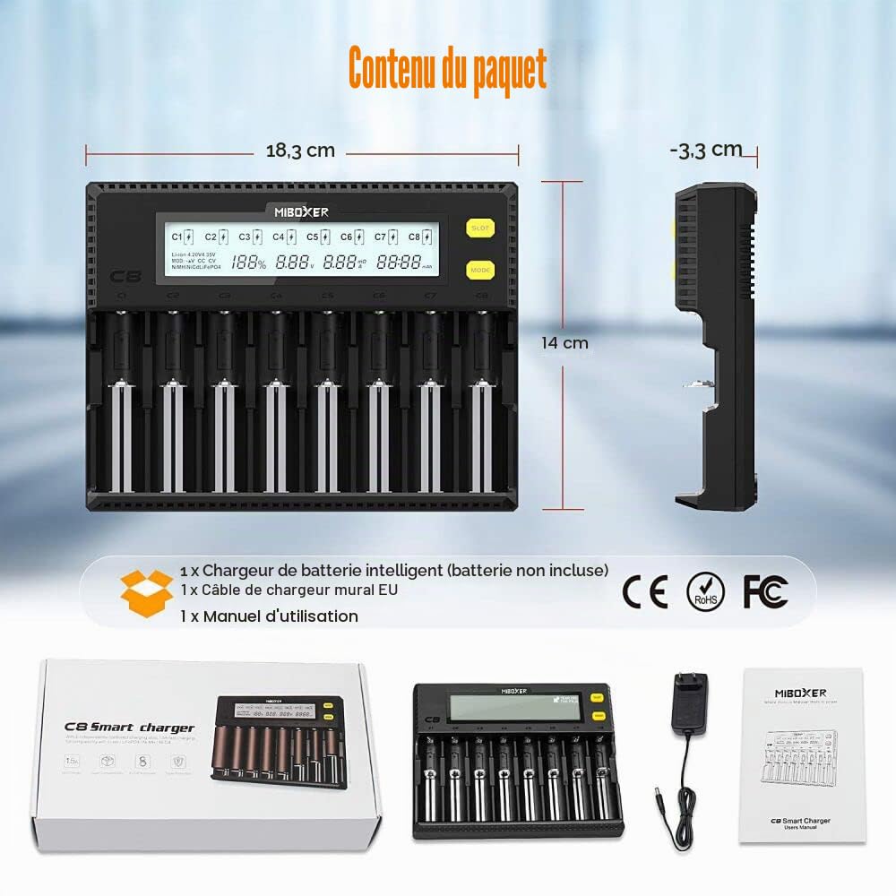 Chargeur de Batterie 18650, Chargeur de Batterie MiBOXER 8 Baies avec Écran LCD Automatique, Charge Rapide Li-ION LiFePO4 Ni-MH Ni-CD AA AAA C 21700 26650 13650 16340 18350 18700 RCR123