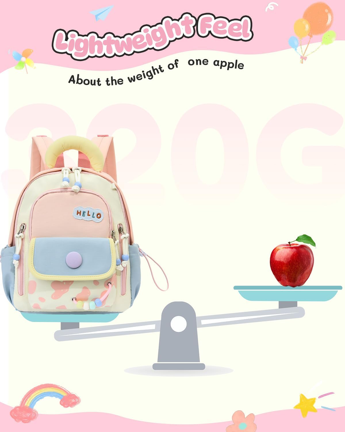 PROTAURI Sac à Dos Enfant Maternelle Fille avec Bretelles de Poitrine, Cartable Maternelle Respirant & Imperméable, Sac Enfant Maternelle Léger Macaron-Design pour 2-5 Ans, 8L, Rose Clair | Avec sangle de poitrine, imperméable, légère, respirante, ergonom